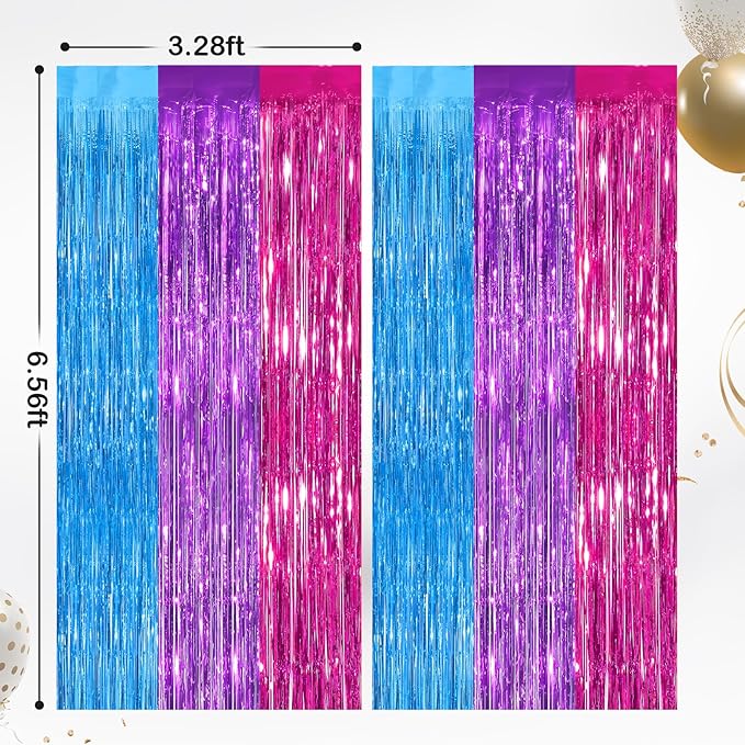 2 Pack Blue Purple Pink Metallic Tinsel Foil Fringe Curtains, Door Streamers - Image 2