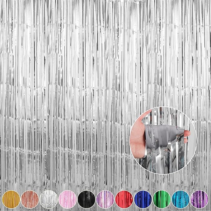 Crosize 4 Pack 3.3 x 9.9 ft Silver Foil Fringe Curtains Party Decorations by Crosize