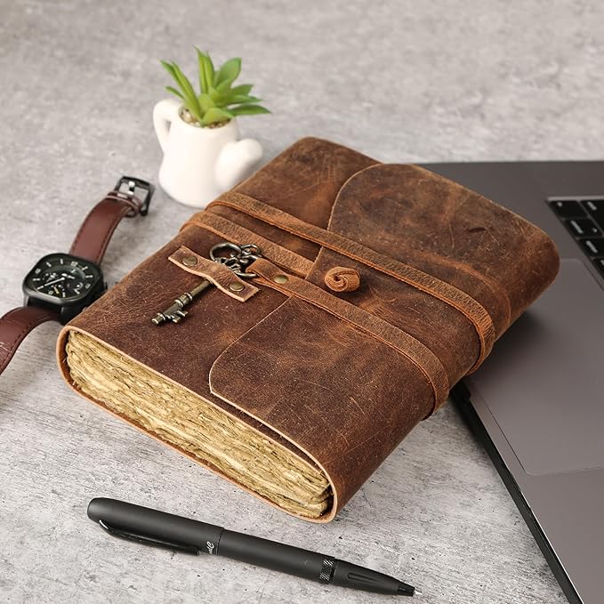 Leather Journal with Deckle Edge Paper 7x5 inch and Vintage Key | Handmade - Image 4