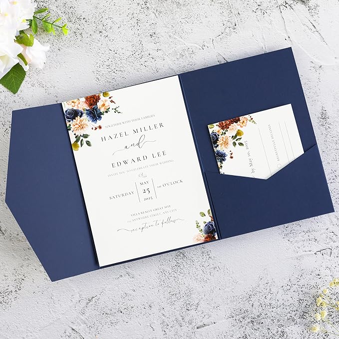 20 PCS Navy Blue Tri-fold Laser Cut Wedding Invitation Pockets - Image 9