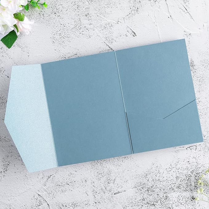 20 Pcs 5.12x7.1'' Sparkle Dusty Blue Tri-fold Laser Cut Wedding Invitation Cards - Image 4