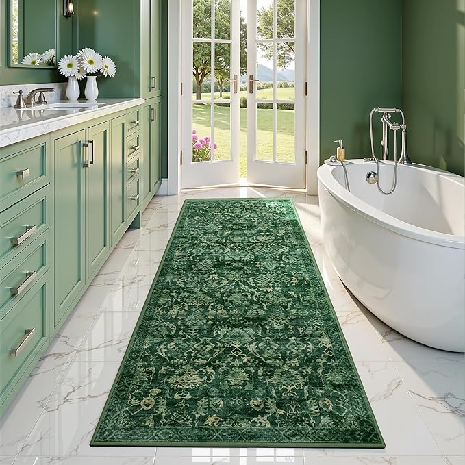 Dark Green 2x6 Runner Rug for Hallways Bed Side Kitchen, Boho Washable by Deerly