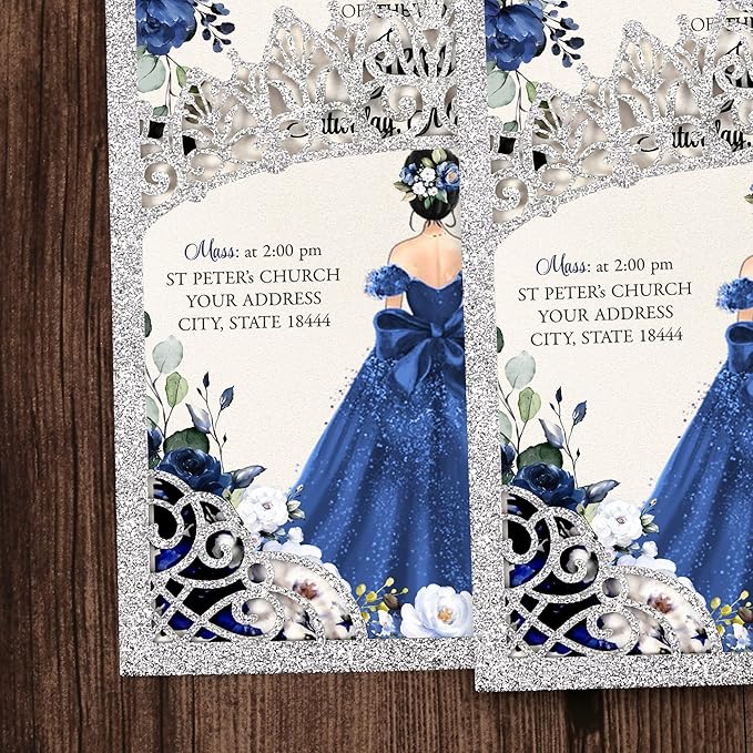 50Pcs Navy Blue Crown Invitations - Image 3
