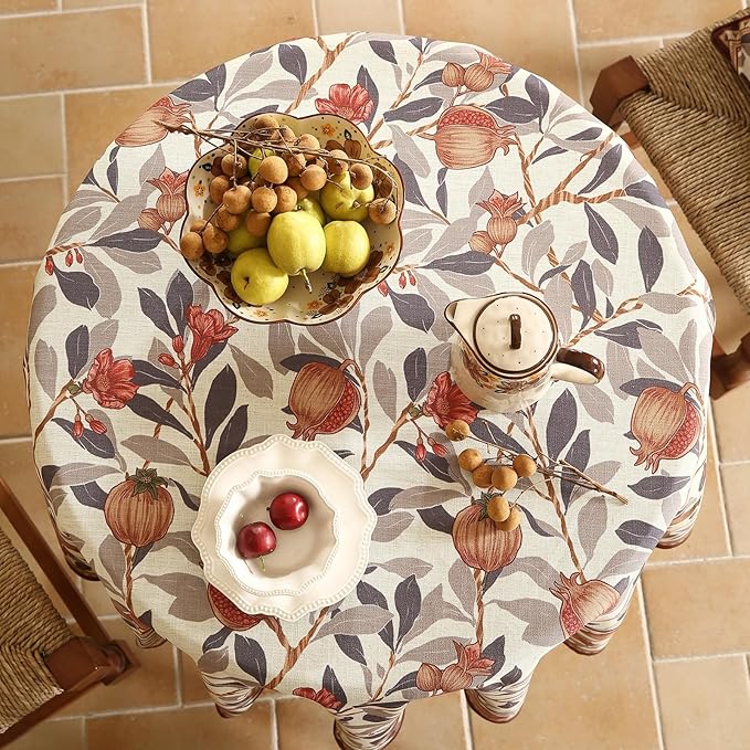 patdrea Designer Linen Round Tablecloth, Vintage Pomegranates and Leaves Tree - Image 3