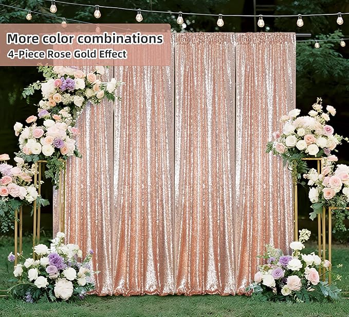 Juya Delight 2Pcs 2FTx8FT Rose Gold Sequin Backdrop Curtains Rose Gold Glitter - Image 6