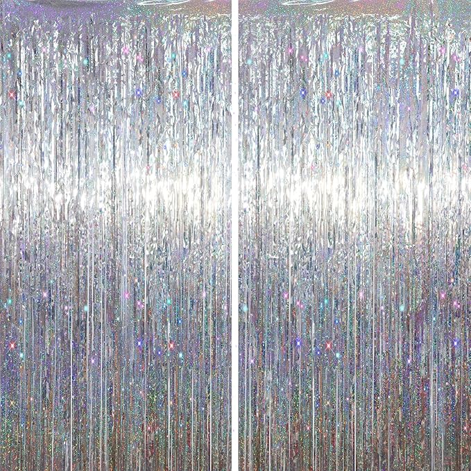 2 Pack Laser Silver Tinsel Foil Fringe Curtains, Metallic Tinsel Party by Voircoloria