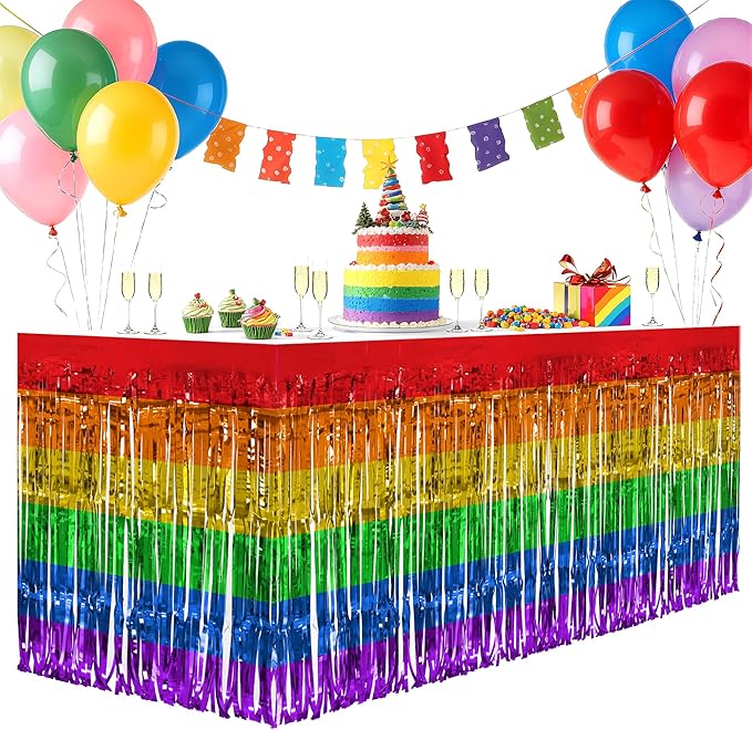 2 Pack Rainbow Table Skirts, 29x108" Metallic Foil Tinsel Fringe Table Skirts by Unknown