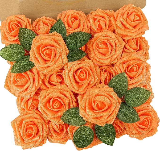 N&T NIETING Artificial Flowers Glowing Burnt Orange Flowers Foam 25pcs Glitter by NTNIETING