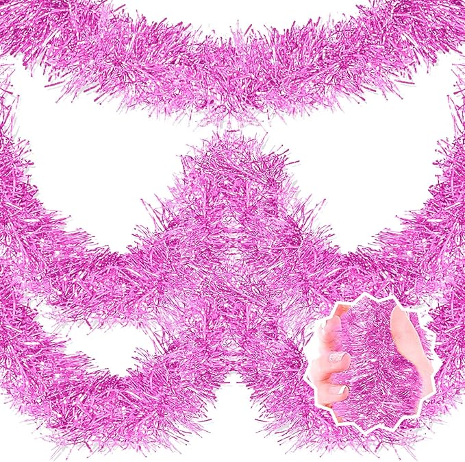 25 Feet Macaron Pink Christmas Tinsel Garland, Metallic Foil Twist Banner Wall by LANTIANCHEN