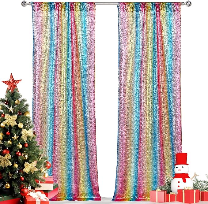 Hahuho Rainbow Sequin Backdrop Curtain, Party Decoration（2 Panels, 2FT x 8FT by Hahuho