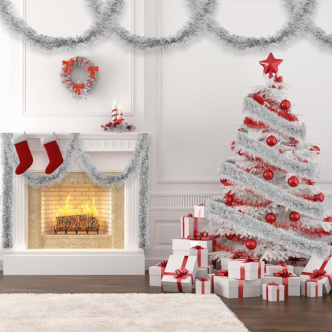 32.8 Ft Silver Christmas Tinsel Garland Metallic Shiny Tassle Banner Wall - Image 5