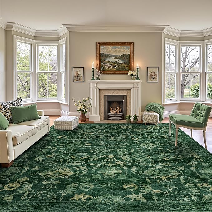 Dark Green Area Rugs 8x10 Rugs for Living Room, Traditional Washable Rugs for by Deerly
