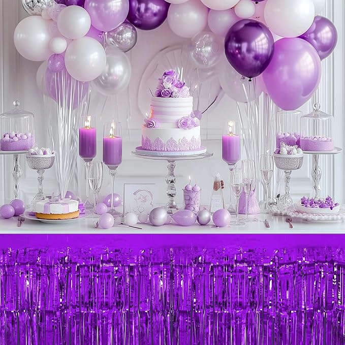 2 Pack Dark Purple Table Skirts, 29x108" Metallic Foil Tinsel Fringe Table - Image 5