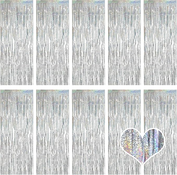 10 Pack Silver Backdrop Curtain 3.2ft x 8.2ft Metallic Tinsel Foil Fringe by Ohiyoo