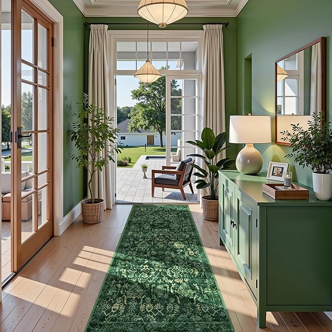Dark Green 3x7 Runner Rug for Hallways Bed Side Kitchen, Boho Washable by Deerly