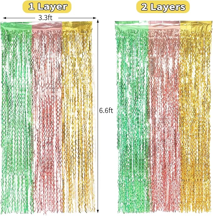 3 Pack Gold Green and Rose Gold Foil Curtain Party Decorations - Image 4