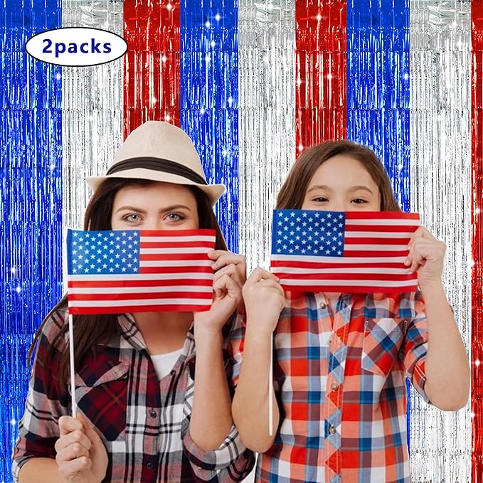 TONIFUL Red White and Blue Tinsel Foil Fringe Curtains, 4th of July Decorations - Image 3