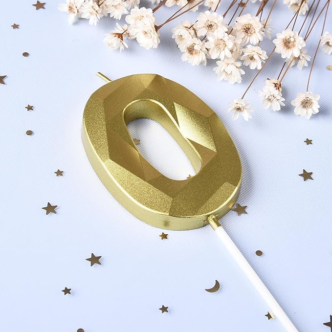 PHD CAKE 2.76 Inch Crystal Gold 0 Number Birthday Candles, Cake Number Candles - Image 2