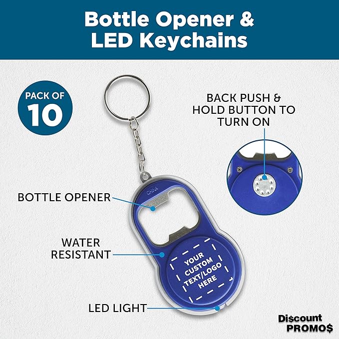 DISCOUNT PROMOS Custom Bottle Opener & LED Keychains Set of 10, Personalized - Image 3