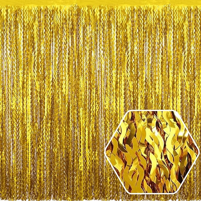 4 Pack Gold Wave Foil Fringe Curtain Backdrop, 3.28Ft x 8.2Ft Metallic Tinsel by Ferwzsr