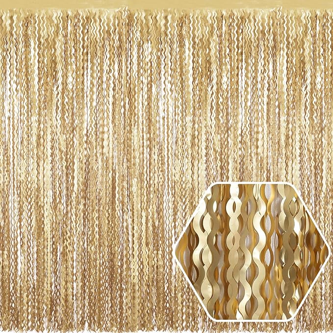 4 Pack Champagne Gold Wave Foil Fringe Curtain Backdrop, 3.28Ft x 8.2Ft by Ferwzsr