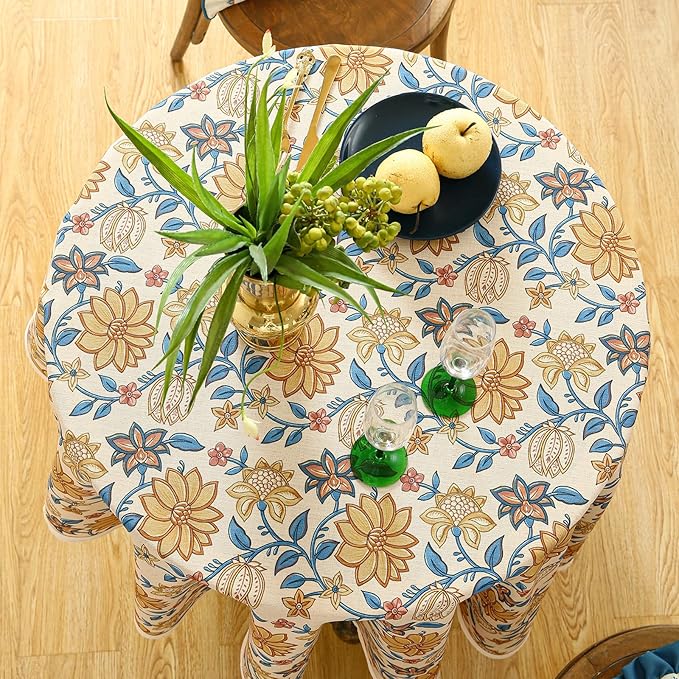 ISAENNE Designer Bohemian Floral Small Round Tablecloth, Linen Colorful Table - Image 9