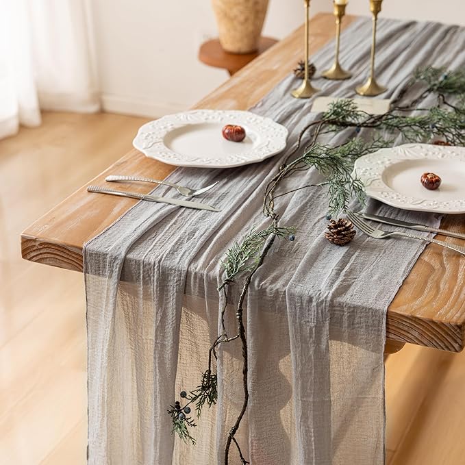 Grey Gauze Rustic Cheesecloth Table Runner 120 Inch 10 FT by KEKETOARRANGE