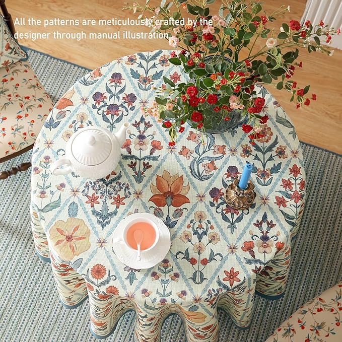 ISAENNE Designer Linen Elegant Round Tablecloth, Colorful Floral Bohemian Table - Image 7