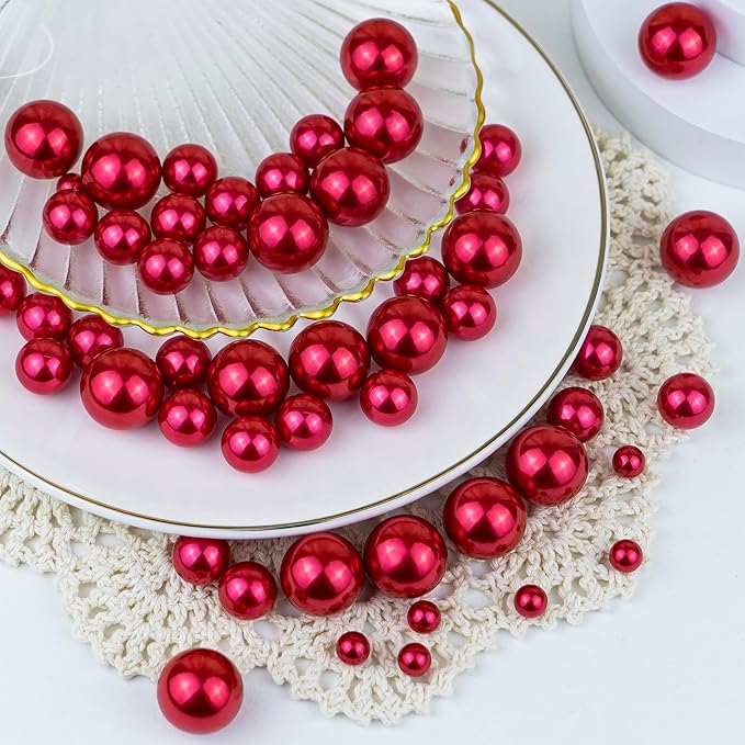300Pcs Red Polished No Hole Faux Pearl Beads - Image 5