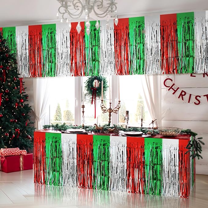 2 Pack Christmas Table Skirts, 29x108" Red & Silver & Green Metallic Foil - Image 7