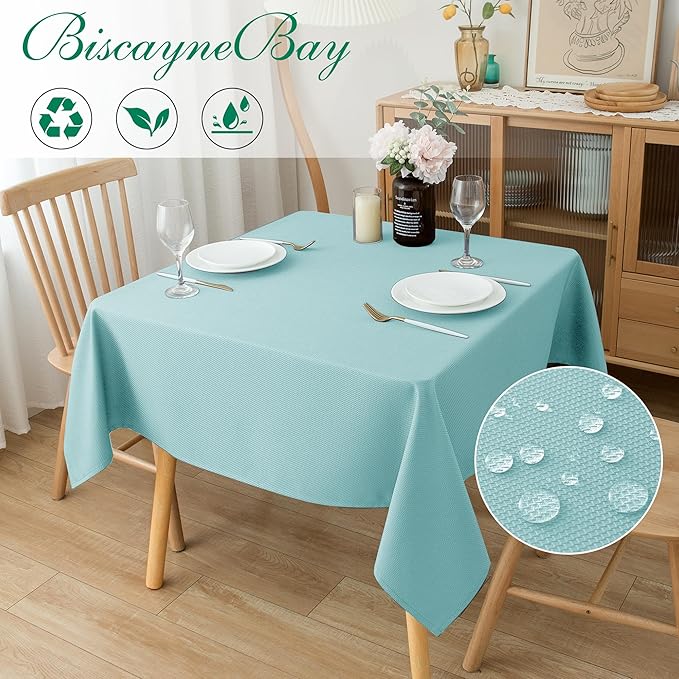 Biscaynebay Square Tablecloth 70x70 Inch-Auqa Blue Card Fabric Table - Image 2