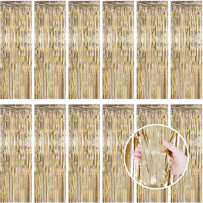Champagne Gold Fringe Curtain Party Streamers, 12 Pack 3.3ft x 8.2ft Foil by LITLANDSTAR