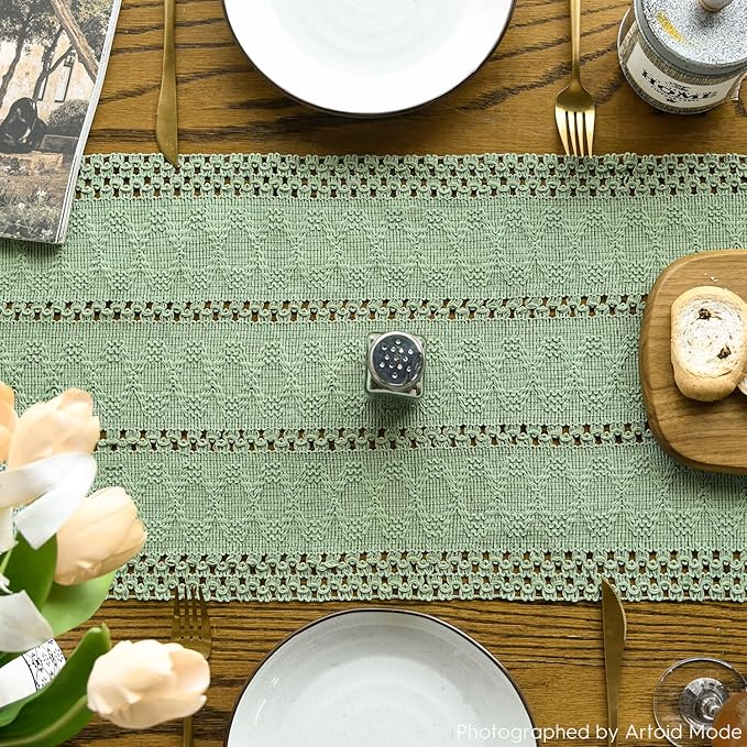 Artoid Mode Light Green Farmhouse Woven Rustic Hollow Table Runner, Seasonal - Image 3