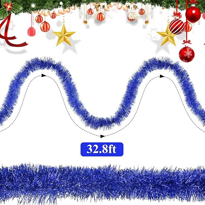 32.8 Ft Blue Christmas Tinsel Garland Metallic Shiny Tassle Banner Wall Hanging - Image 2