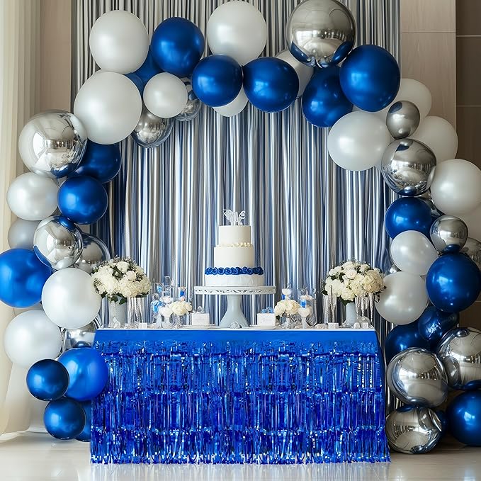 3 Pack Blue Series Table Skirts, 29x108" Metallic Foil Tinsel Fringe Table Skirt - Image 2