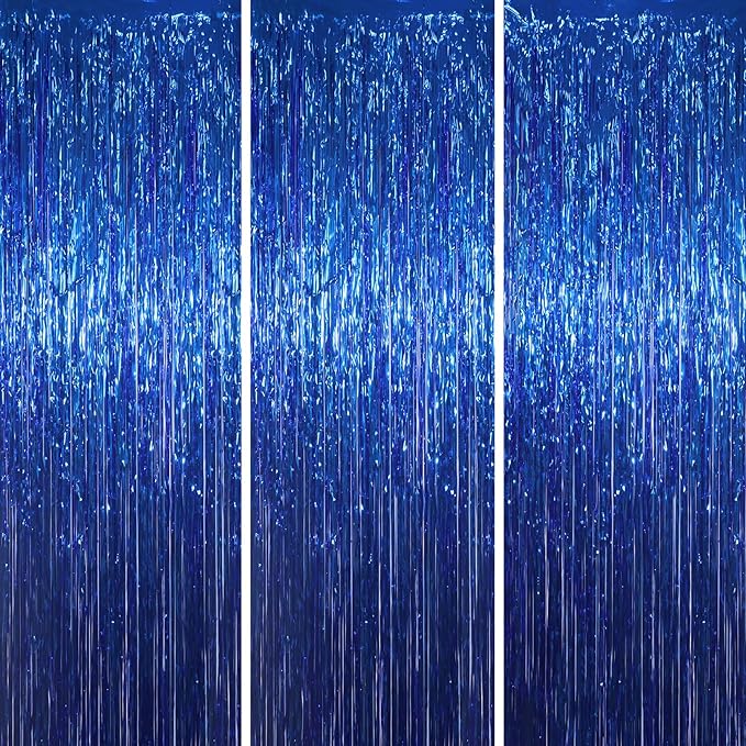 3 Pack 3.3x8.2 Feet Blue Foil Fringe Backdrop Curtains, Tinsel Streamers by Voircoloria