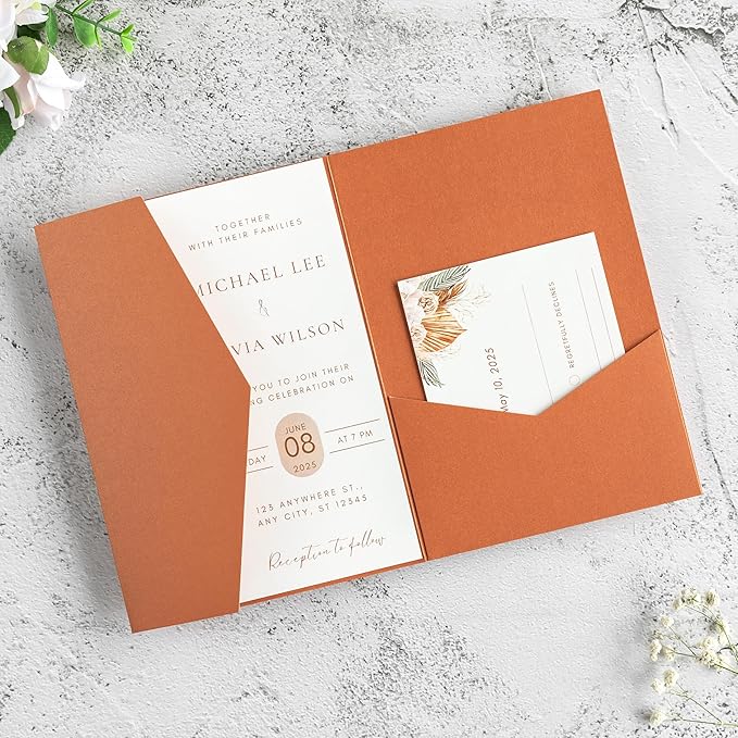 20 PCS Burnt Orange Tri-fold Laser Cut Wedding Invitation Pockets - Image 9