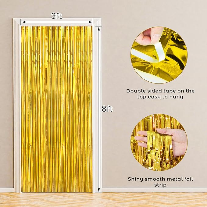 BTSD-home 10 Pack Gold Foil Fringe Curtain, Metallic Photo Booth Backdrop - Image 2