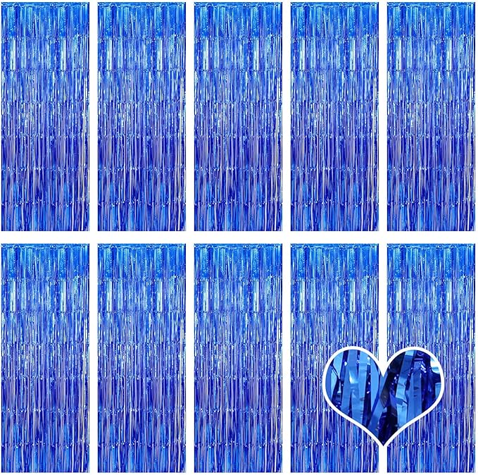 10 Pack Blue Backdrop Curtain 3.2ft x 8.2ft Metallic Tinsel Foil Fringe by Ohiyoo