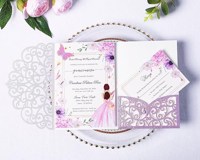 PONATIA 20 PCS Laser Cut Wedding Invitations Pockets - Image 2
