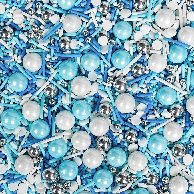 Edible Blue Silver White Sprinkles, Winter Jimmies Pearls Mix, 130g/4.58oz - Image 9