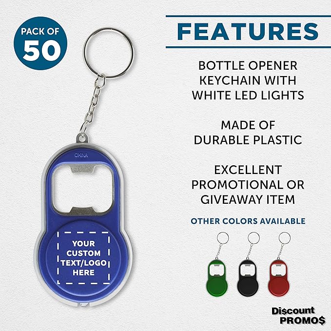 DISCOUNT PROMOS Custom Bottle Opener & LED Keychains Set of 50, Personalized - Image 2