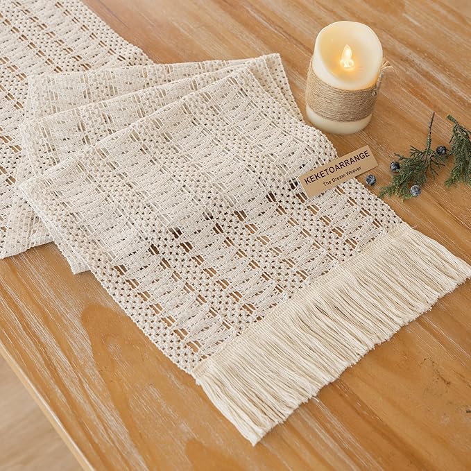 Keketo Boho Table Runner White for Home Décor 12x72 Inches Farmhouse Macrame - Image 2