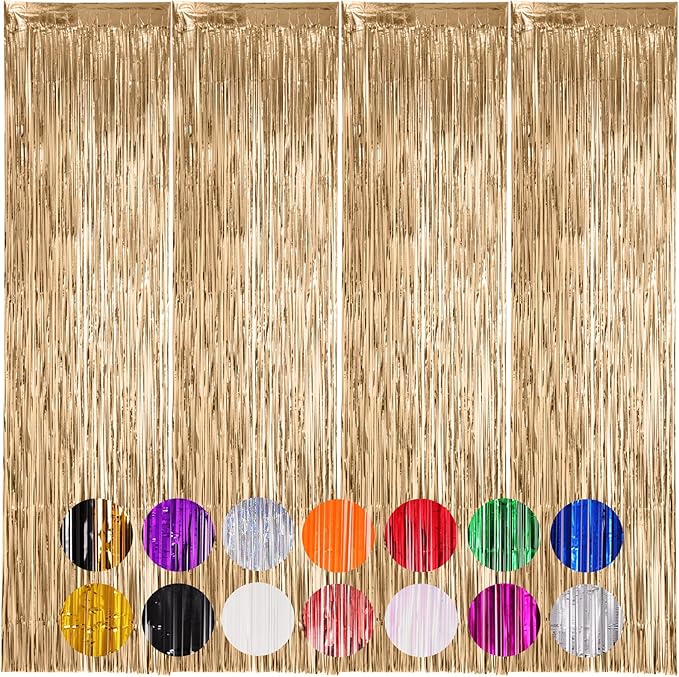 4 Pack Champagne Foil Fringe Backdrop Curtains, Tinsel Streamers Birthday Party by Voircoloria