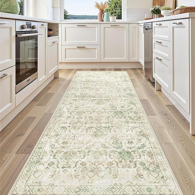 Green 2x6 Runner Rug for Hallways Bed Side Kitchen, Boho Washable Distressed - Image 3