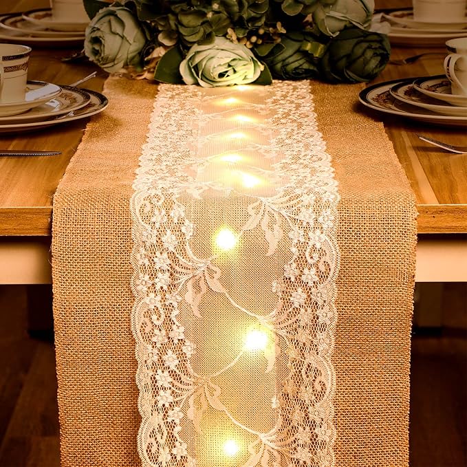 Burlap Table Runner with LED String Lights Rustic 12" x 108" Christmas by Tegeme