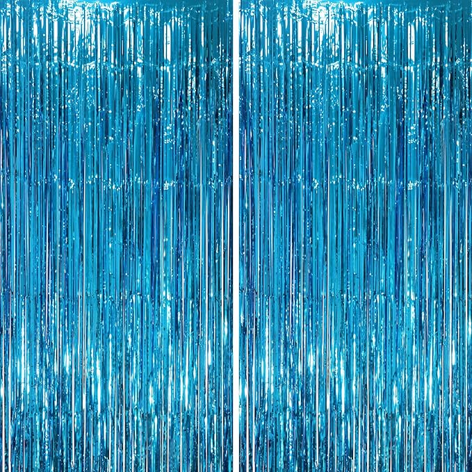 2 Pack Retro Blue Foil Fringe Backdrop Curtains, Tinsel Streamers Party by Voircoloria