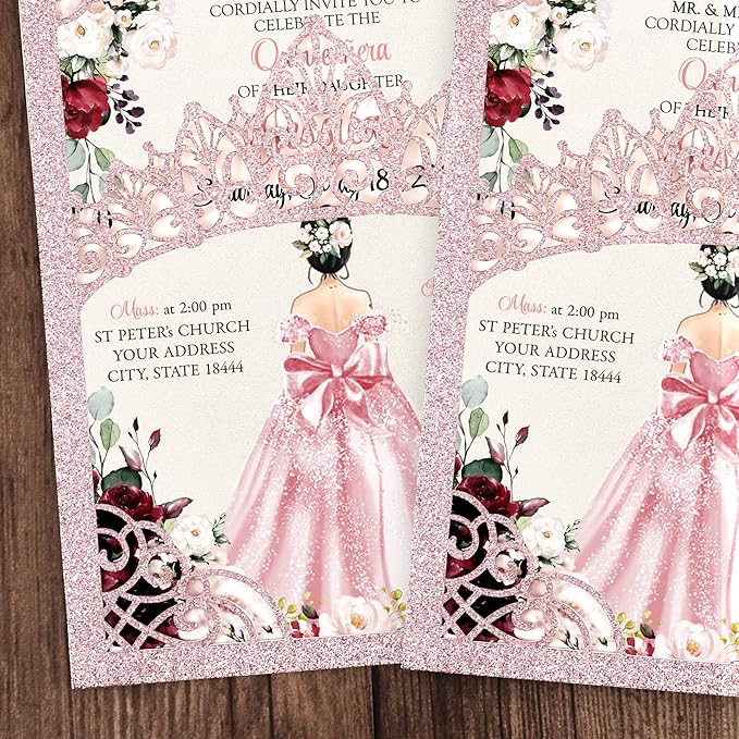 50Pcs Pink Crown Quinceanera Invitation Burgundy - Image 3
