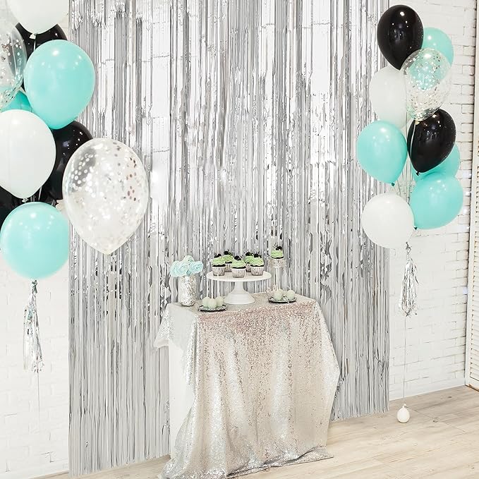 Crosize 3 Pack 3.3 x 9.9 ft Silver Foil Fringe Backdrop Curtain, Streamer - Image 6