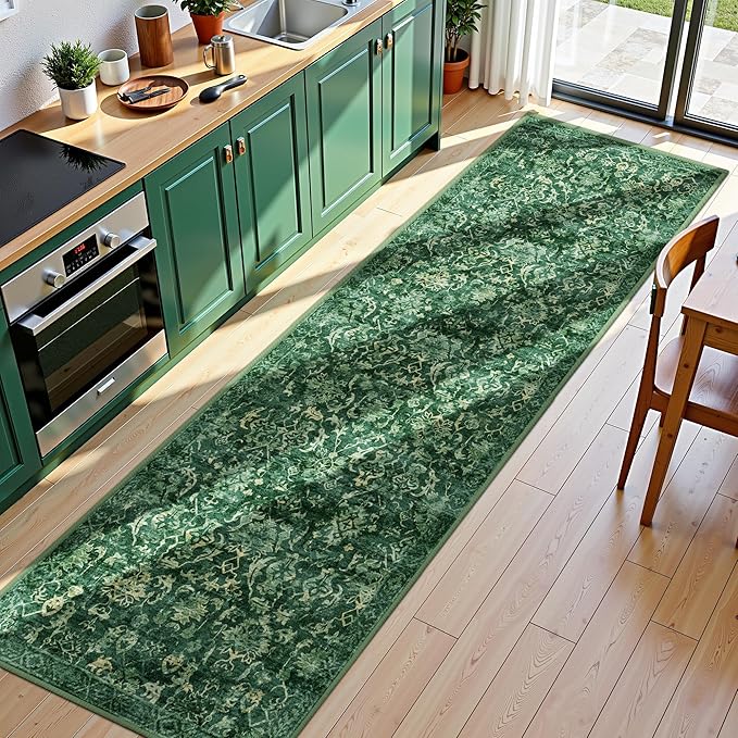 Dark Green 3x10 Runner Rug for Hallways Bed Side Kitchen, Boho Washable - Image 4
